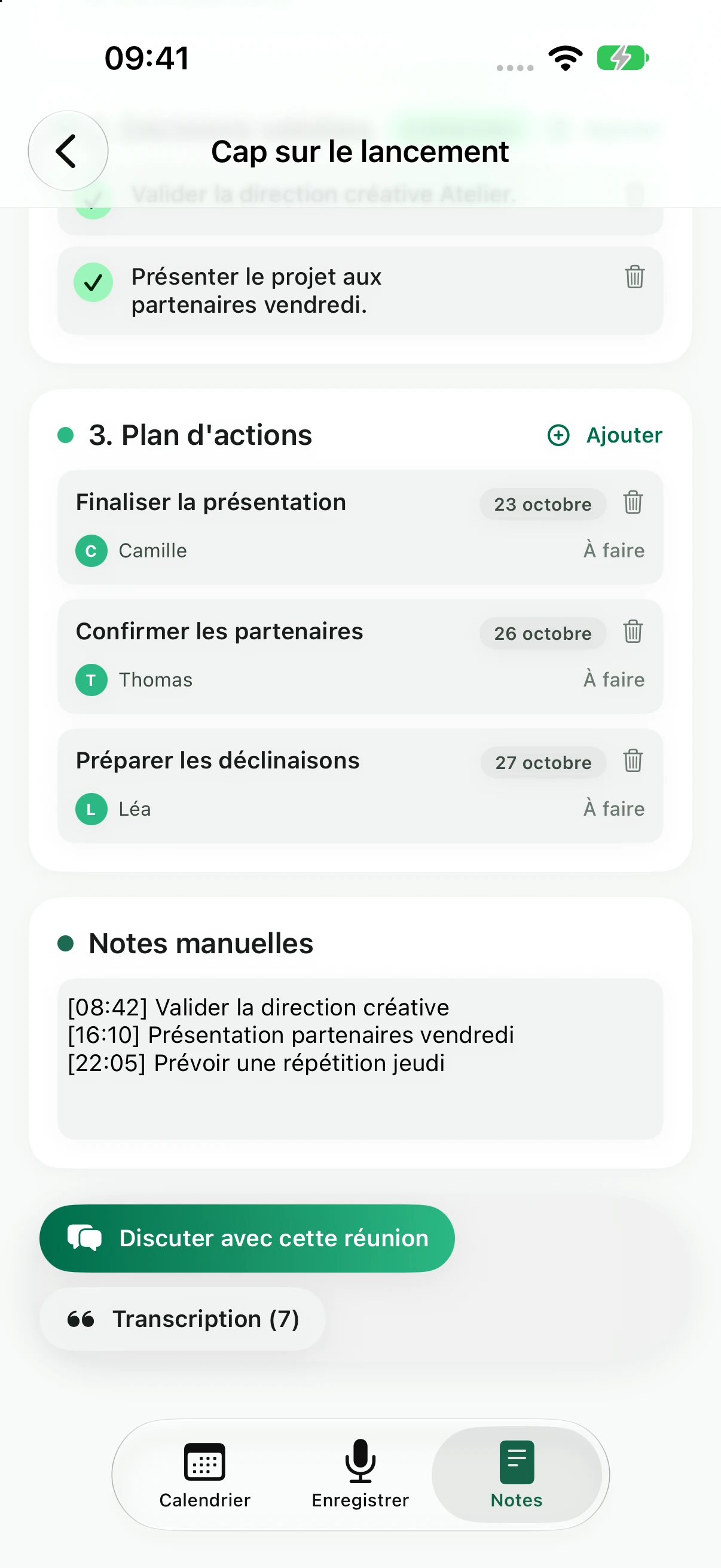 Actions de la réunion, avec responsables et échéances