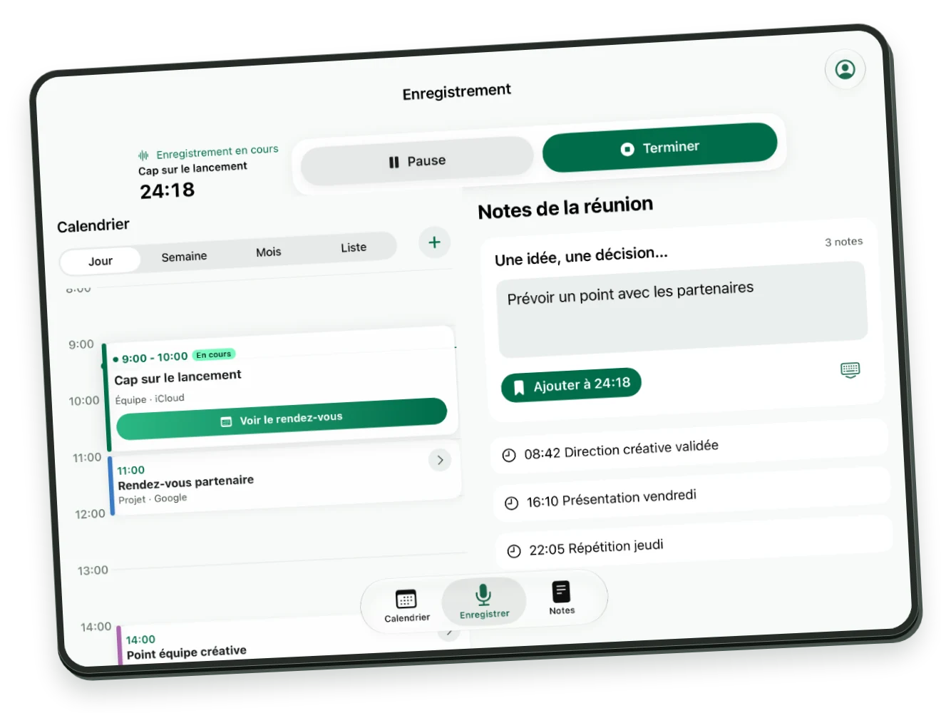iPhone Duo ouvert en paysage : calendrier à gauche et notes de la réunion à droite