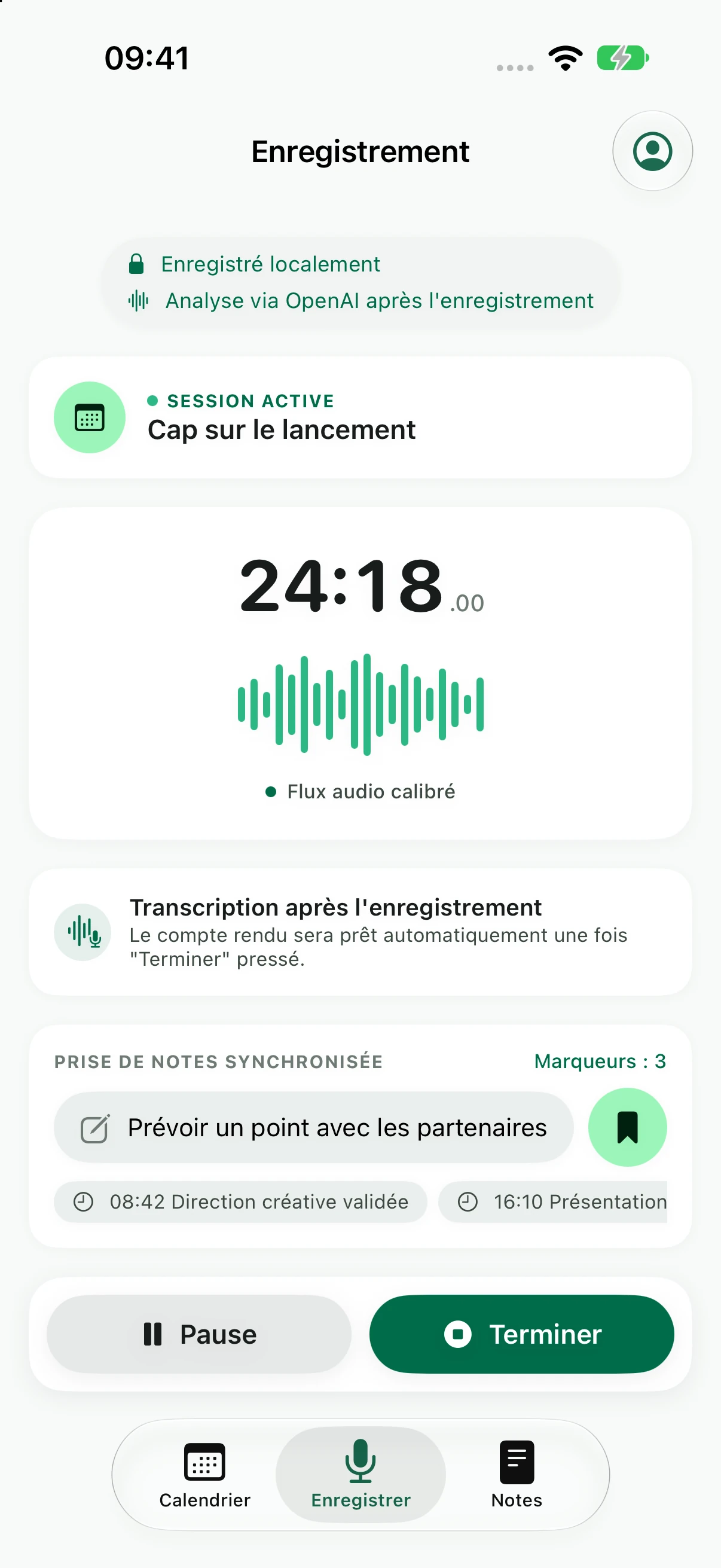 Enregistrement de la réunion dans Calia avec des notes horodatées