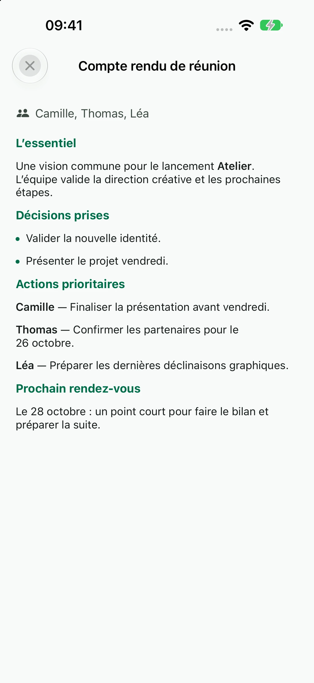 Compte rendu de la réunion avec les décisions de l’équipe